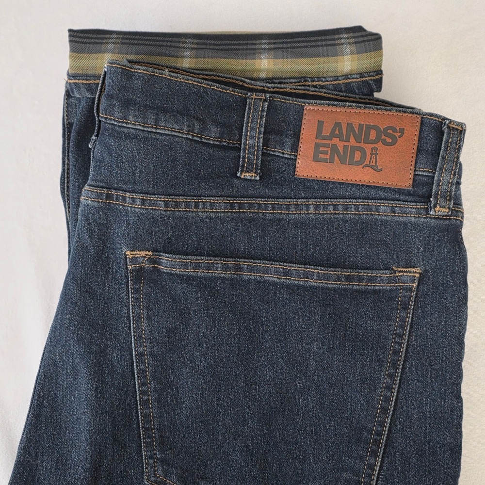 Lands End Men Plaid Flannel Lined Jeans Traditional Fit Blue Denim Size 38x32‎